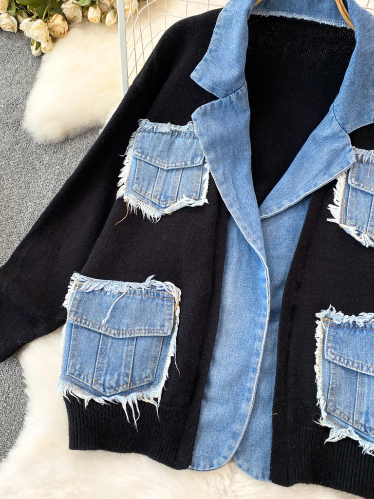 All You Need Is Denim Raw Hem Pocket Patchwork Cardigan