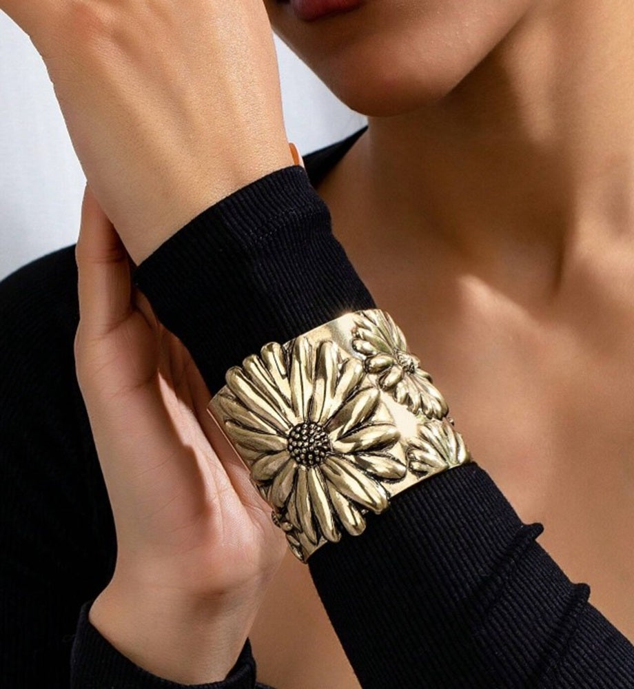 Silver Tone Western Flower Cuff Bracelet