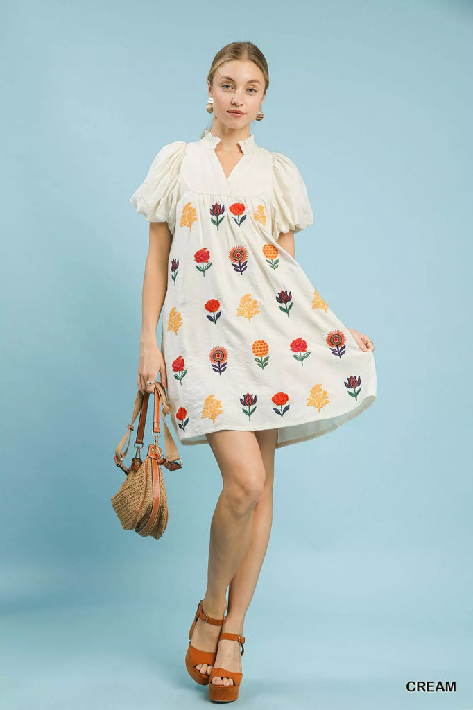 Floral Embroidered Puff Sleeve Mini Dress by Umgee