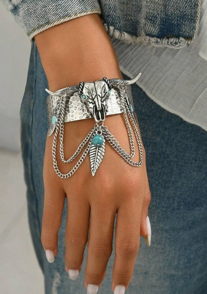 Silver Tone Western Steer Head Bracelet