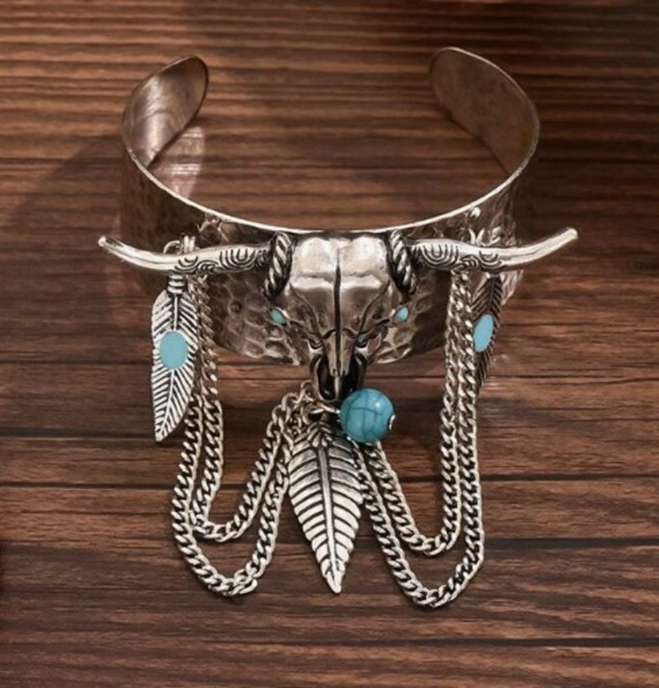 Silver Tone Western Steer Head Bracelet