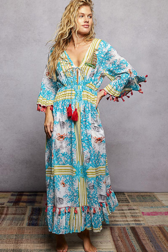 Sealife Bohemian Print Tassel Trim Maxi Dress by POL