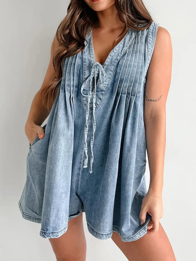 Oh So Precious Tied Denim Romper with Pockets
