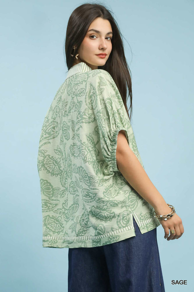 Botanical Print Mixed Trim Tunic Top by Umgee