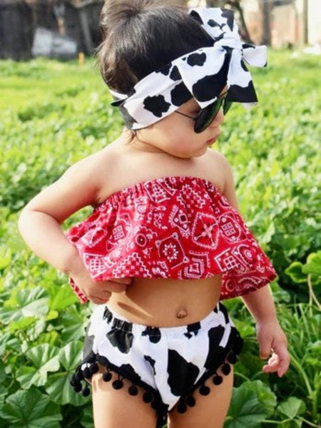 Red Bandana Top with Pom Pom Trim Bloomers and Headband for Your Precious Cowkid