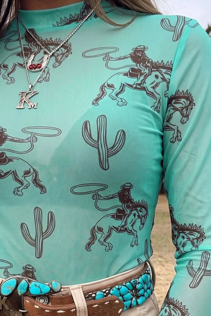 Cowboy and Cactus Print Mesh Tee Shirt