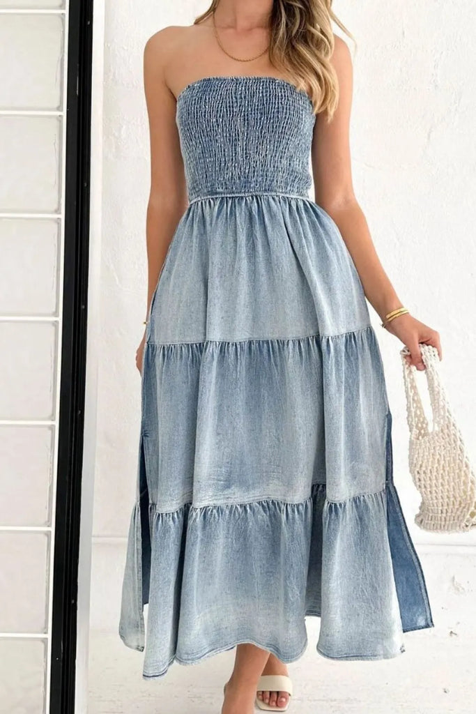 Judy Blue Eyes Smocked Tube Slit Tiered Denim Dress