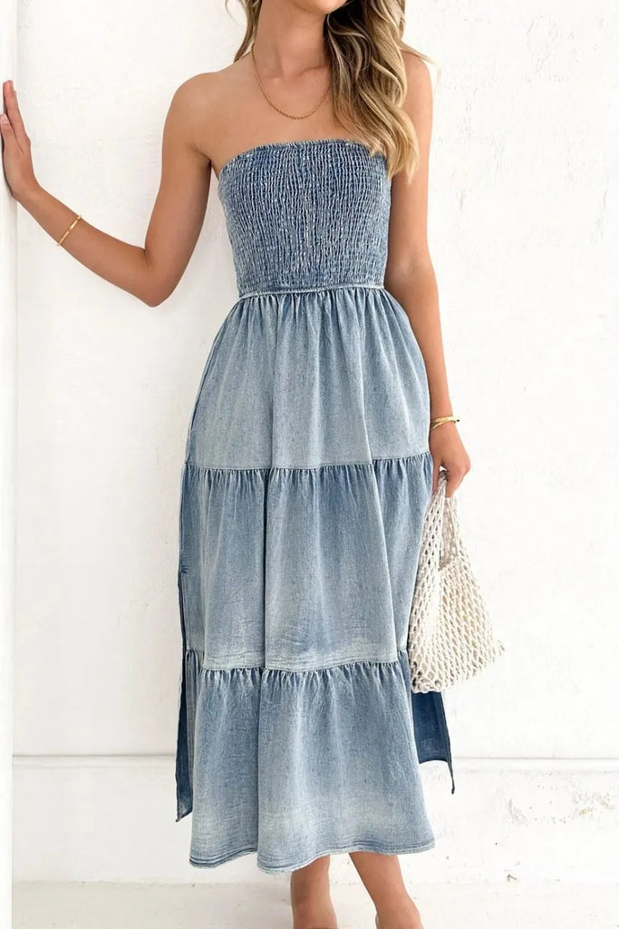 Judy Blue Eyes Smocked Tube Slit Tiered Denim Dress