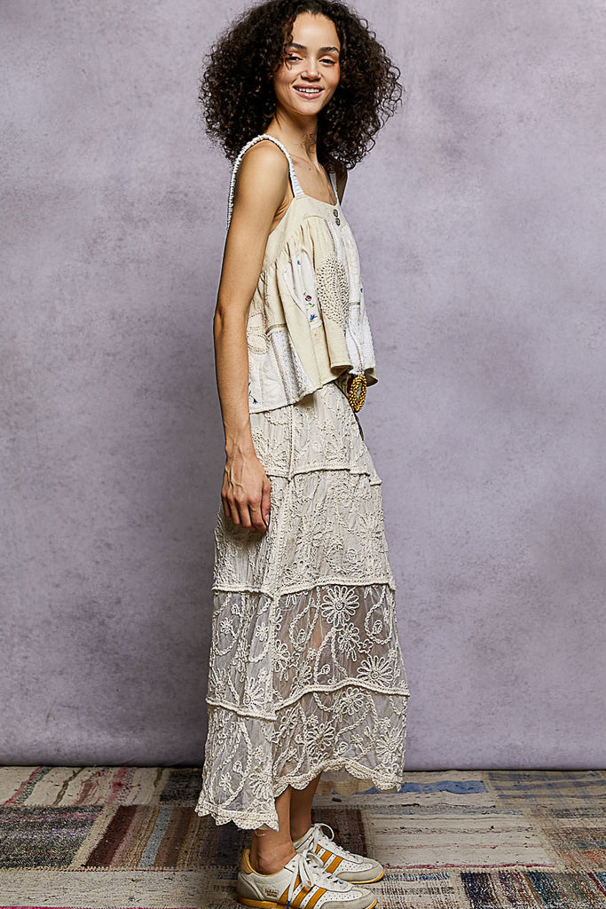 Floral Embroidered Tiered Crochet Skirt by POL