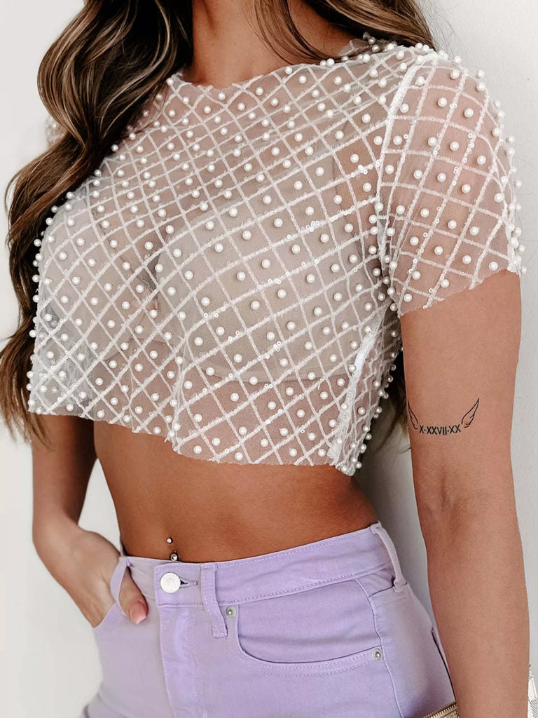 Gallivanting Around Sheer Mesh Pearl Embellished Crop Top