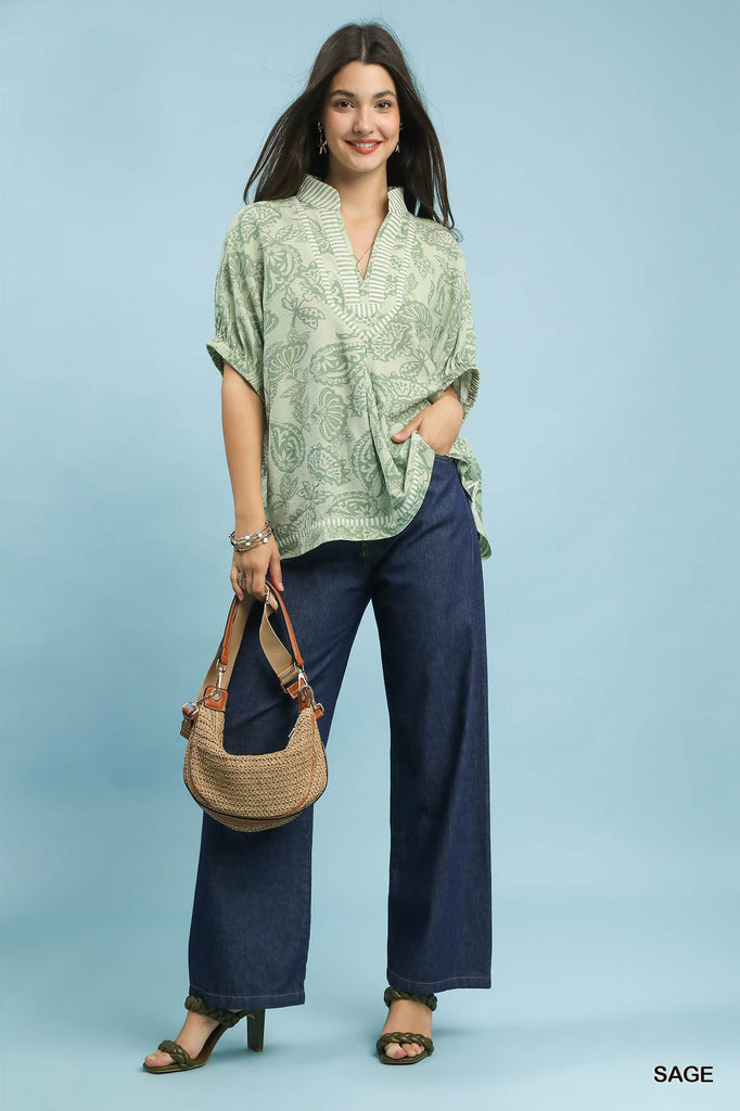 Botanical Print Mixed Trim Tunic Top by Umgee