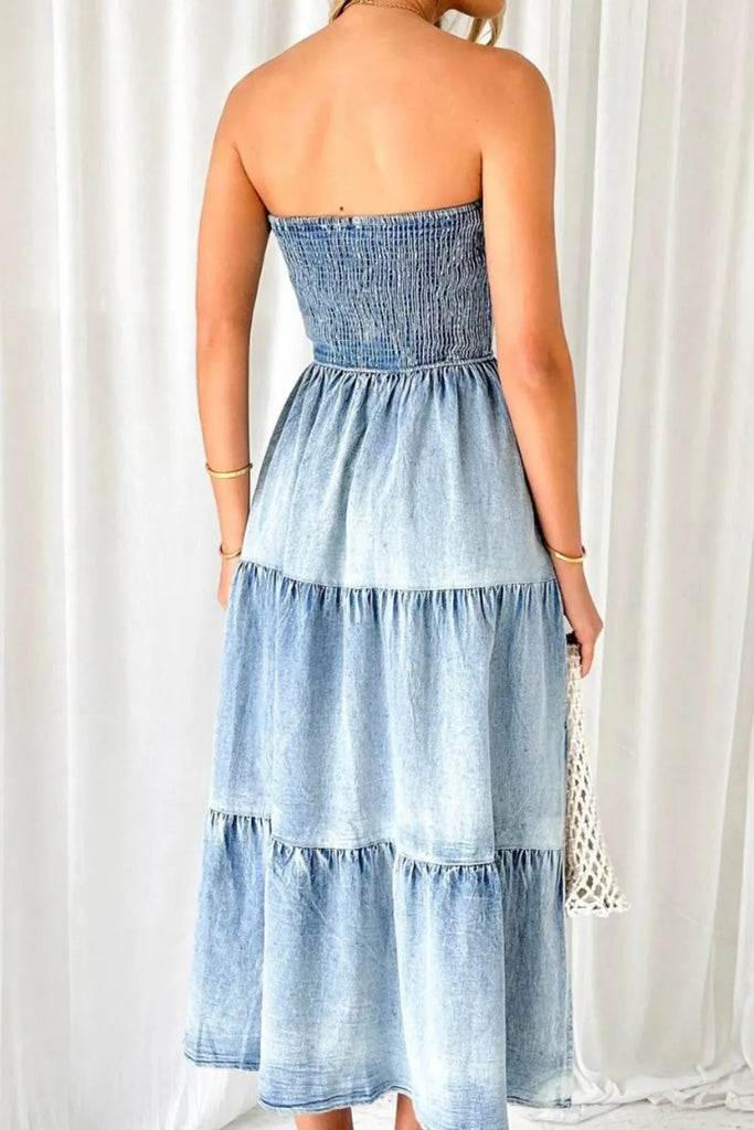 Judy Blue Eyes Smocked Tube Slit Tiered Denim Dress