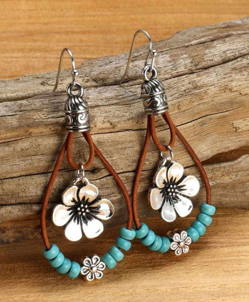 Turquoise Stone Silver Tone Flower Earrings