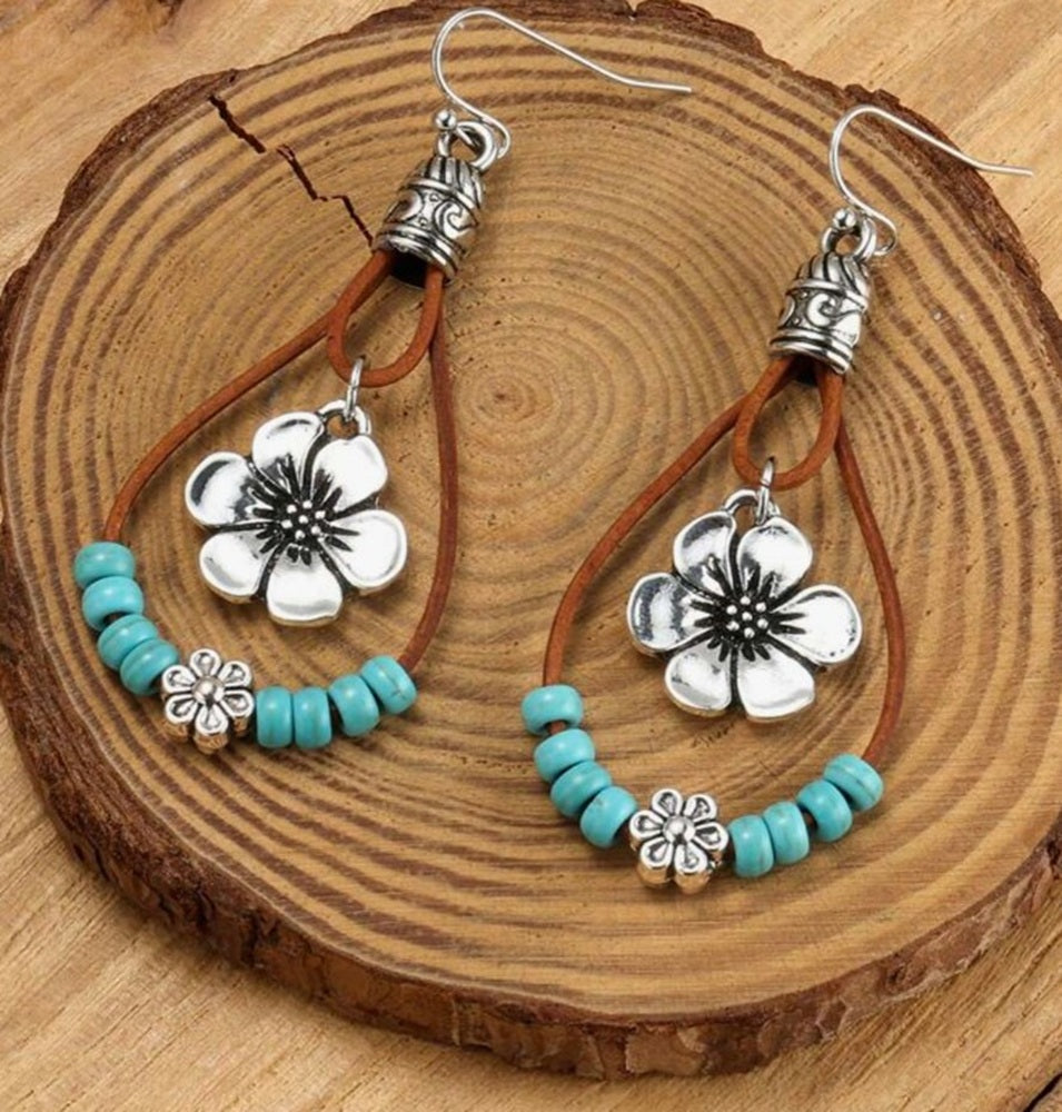 Turquoise Stone Silver Tone Flower Earrings
