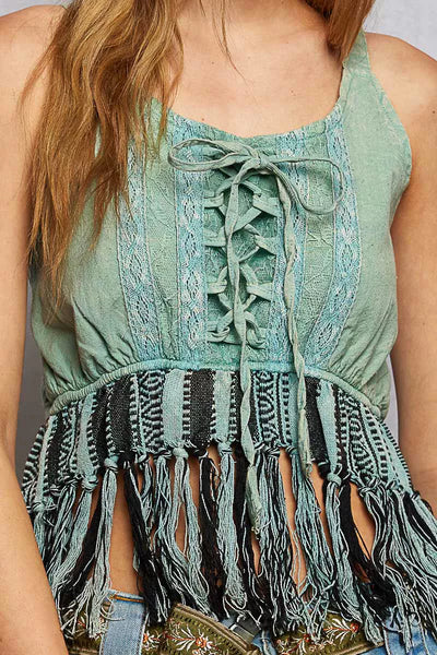 Lace-Up Fringe Hem Tank with Lace Detail by POL