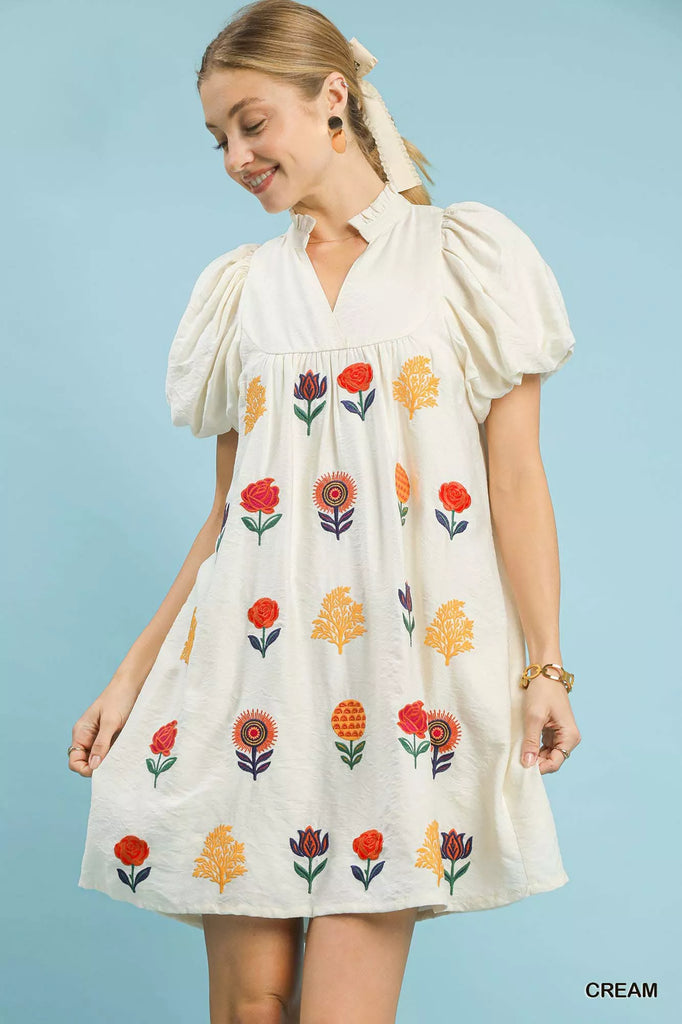 Floral Embroidered Puff Sleeve Mini Dress by Umgee