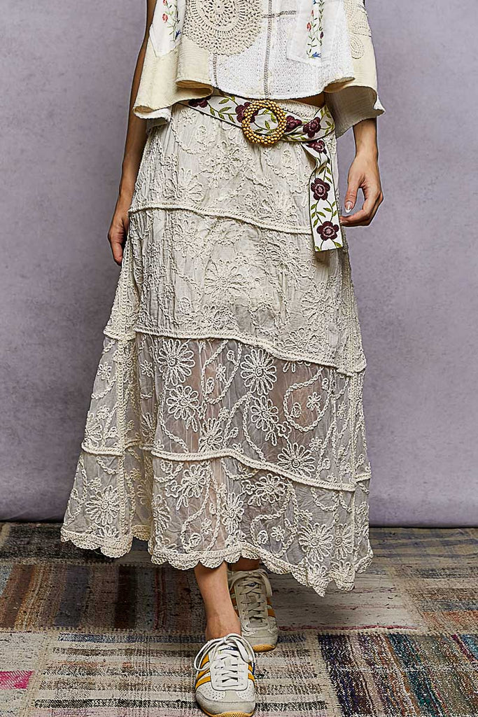 Floral Embroidered Tiered Crochet Skirt by POL