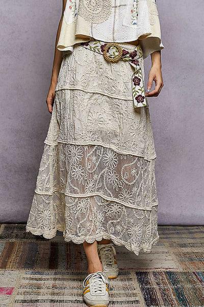 Floral Embroidered Tiered Crochet Skirt by POL
