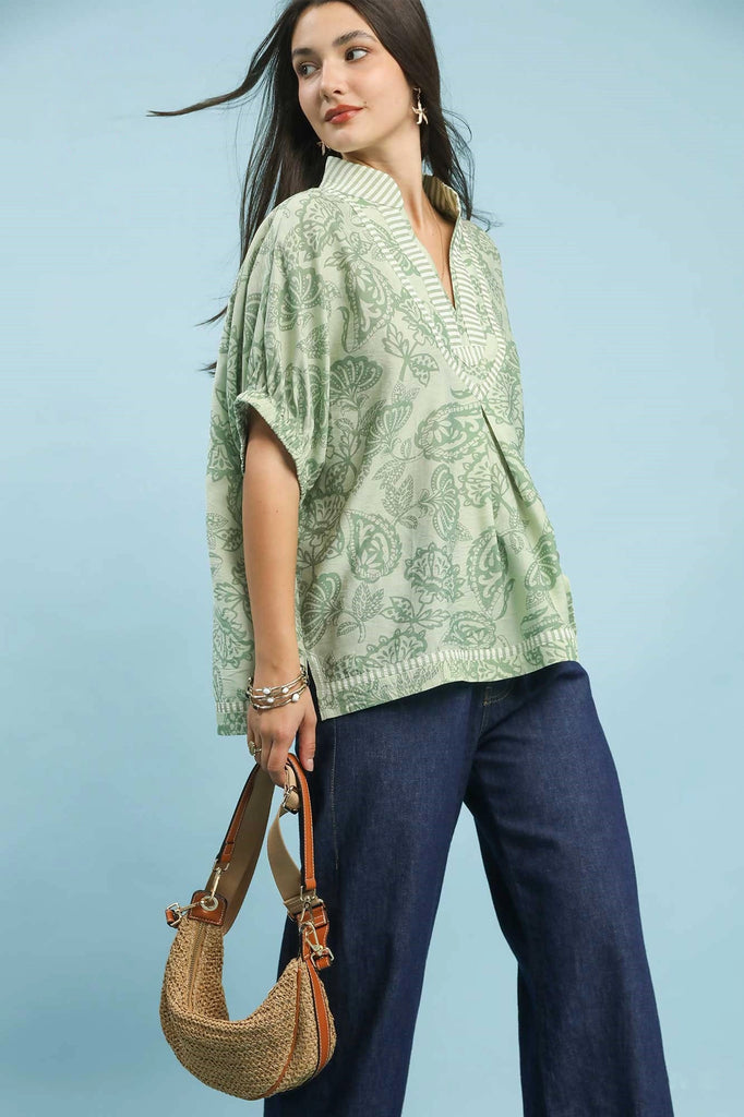 Botanical Print Mixed Trim Tunic Top by Umgee