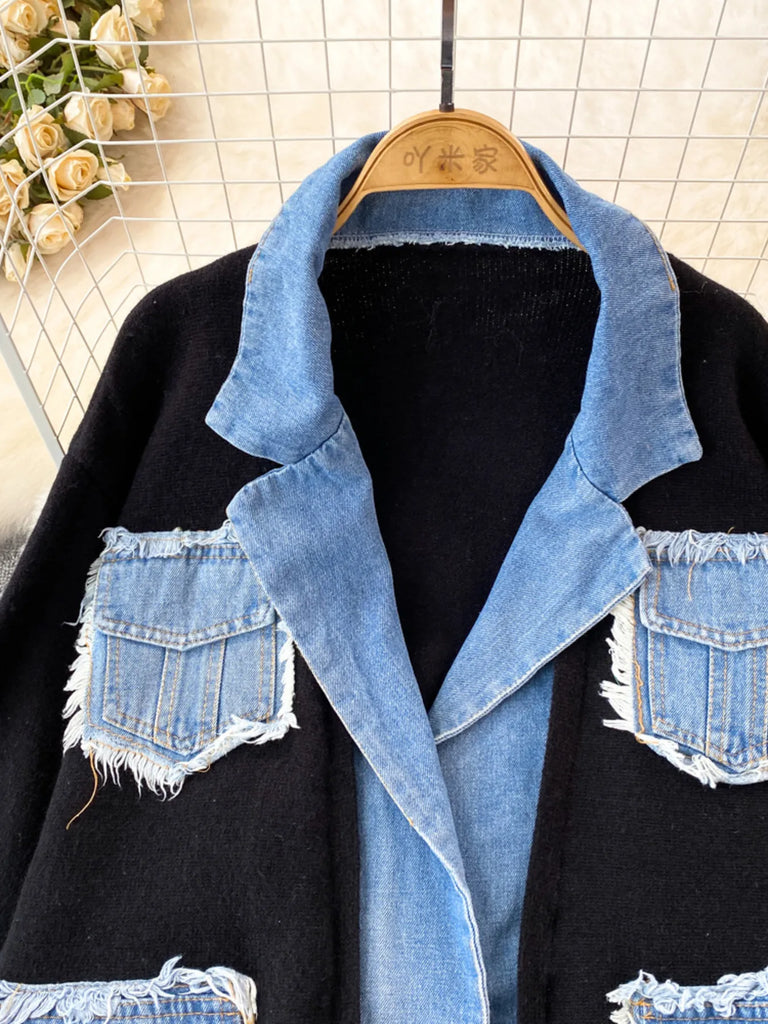 All You Need Is Denim Raw Hem Pocket Patchwork Cardigan