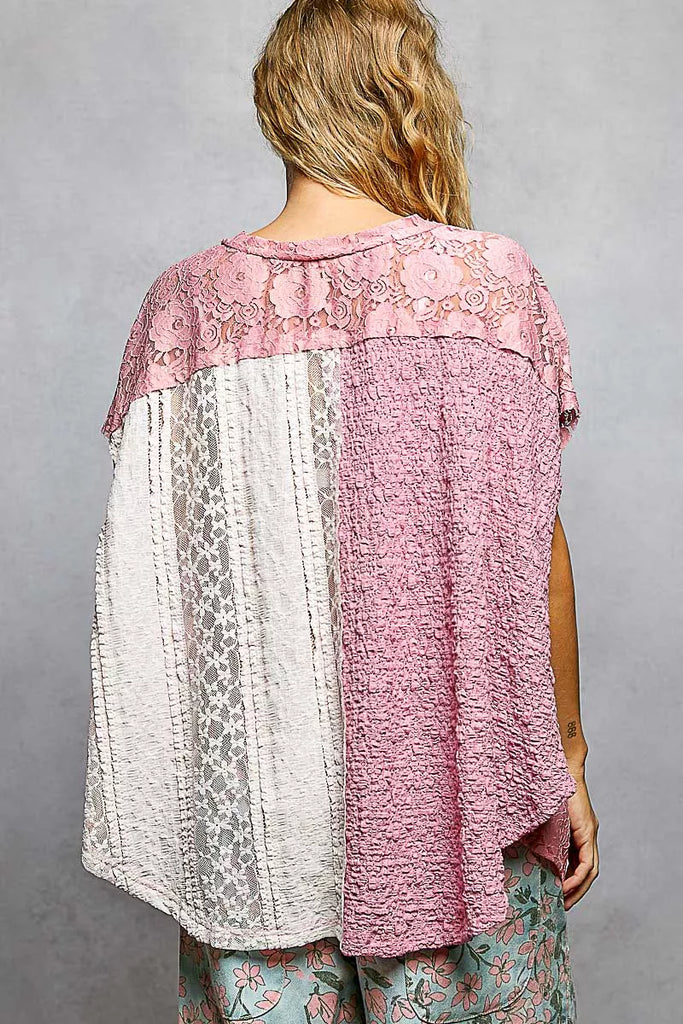 Asymmetrical V-Neck Short Sleeve Lace Top by POL