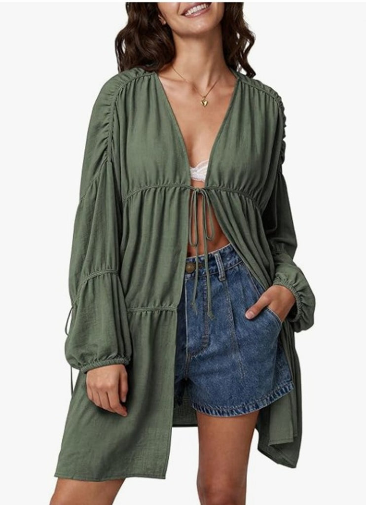 Romantic Linen Kimono Tie Front Duster with Pockets