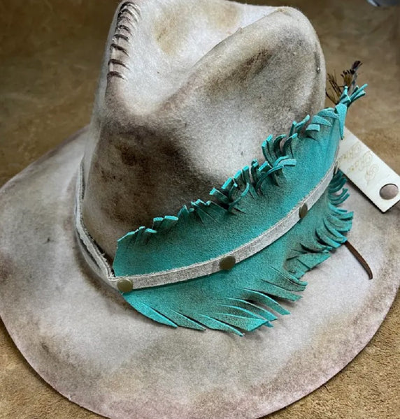 Turquoise Leather Feather Hat Band by A Rare Bird 