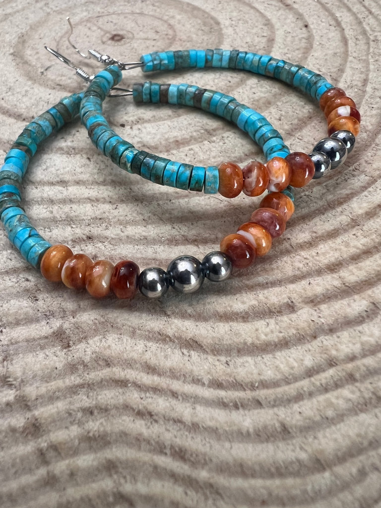 Hoop Earrings with Turquoise, Spiny Oyster & Sterling Silver Pearls