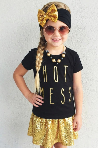 Hot Mess Gold Sequin Skirt Set for Your Precious Babe