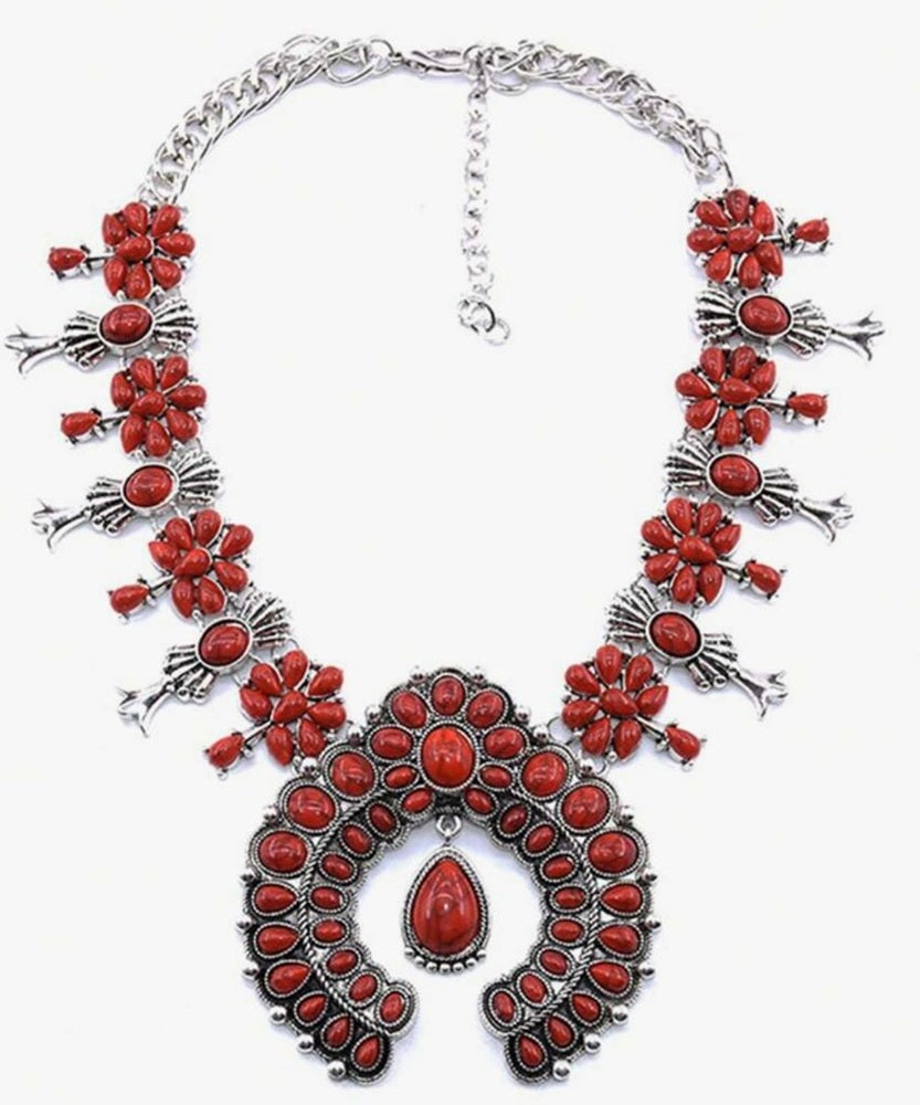 Red Squash Blossom Chunky Turquoise Necklace