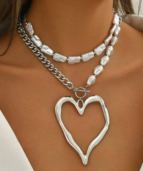 Silver Tone Pearl Heart Necklace Set