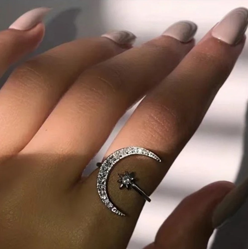 Adjustable Silver Tone Moon and Star Pave Ring