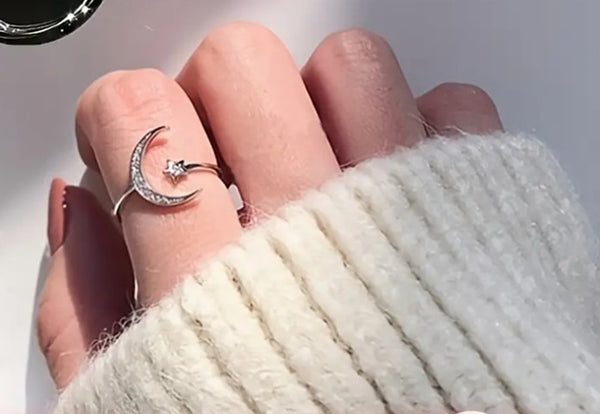 Adjustable Silver Tone Moon and Star Pave Ring