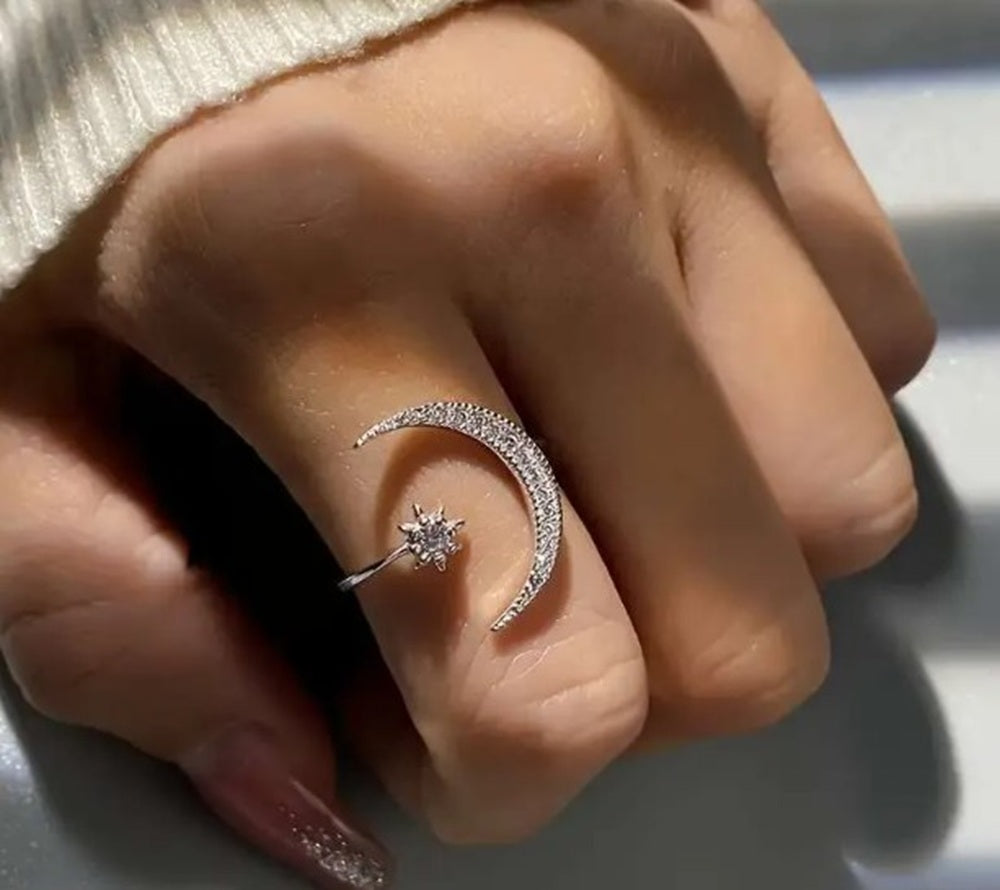 Adjustable Silver Tone Moon and Star Pave Ring