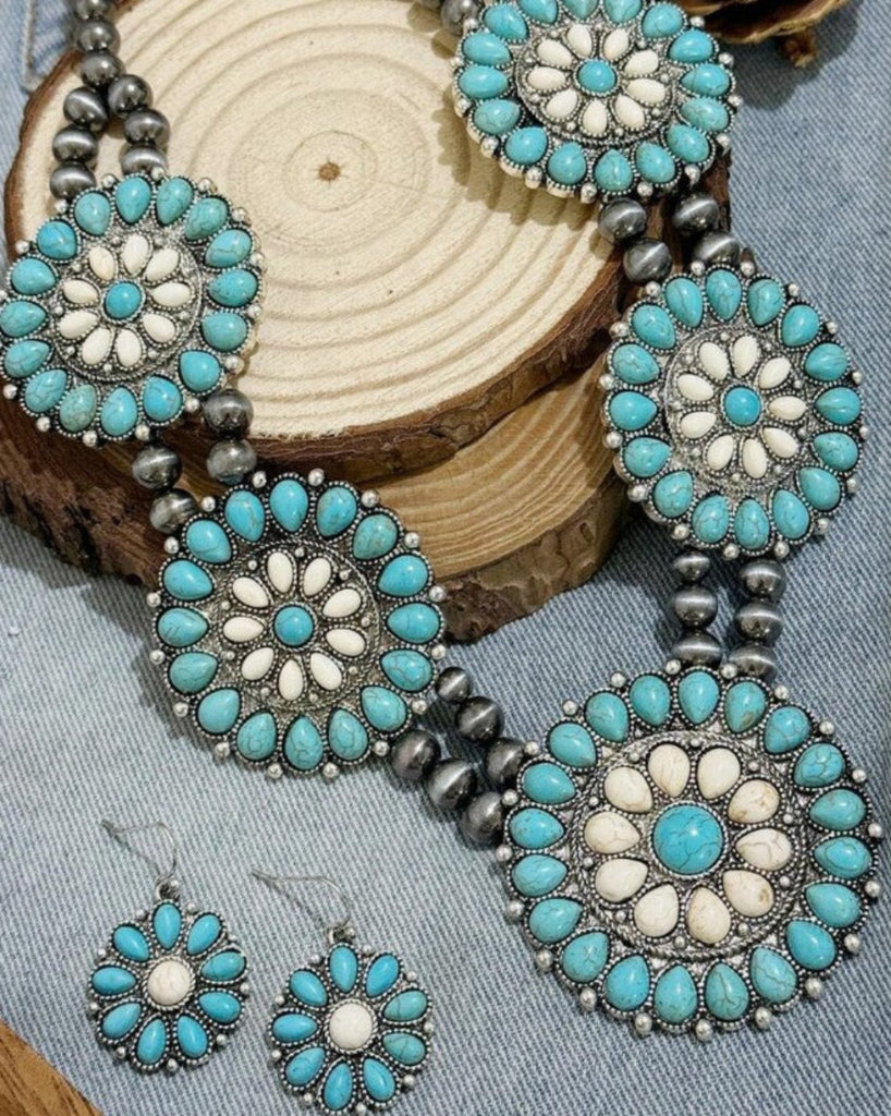 Circular Squash Blossom Faux Turquoise & Earring Set