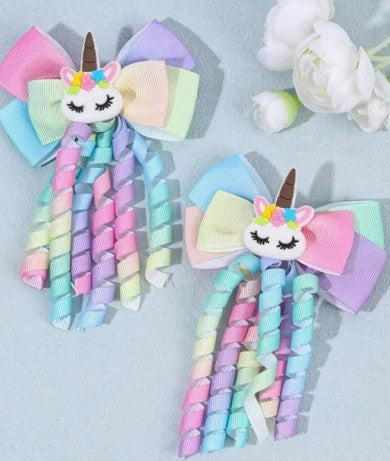 2-Piece Unicorn Hair Bows with Curly Ribbon Streamers
