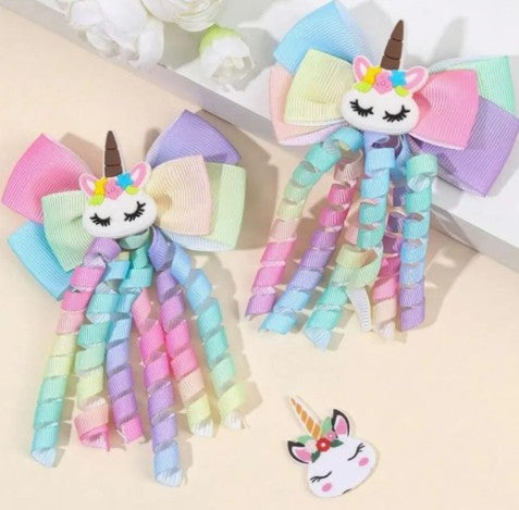 2-Piece Unicorn Hair Bows with Curly Ribbon Streamers