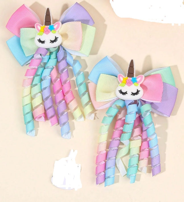 2-Piece Unicorn Hair Bows with Curly Ribbon Streamers