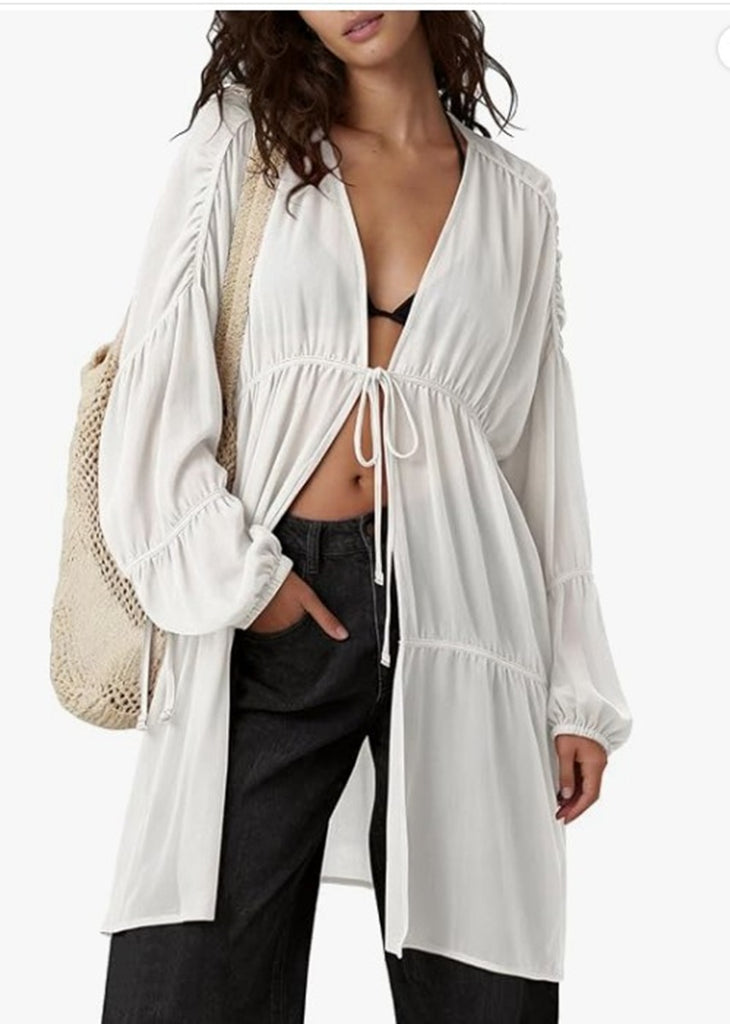 Romantic Linen Kimono Tie Front Duster with Pockets