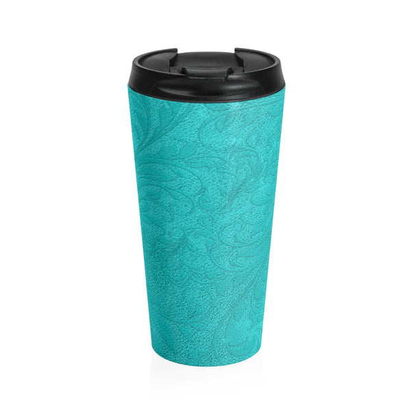 Turquoise Embossed Leather Look Style Stainless Steel Travel Mug