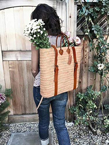 Handmade French Market Backpack Basket with Tan or Brown Leather Handles