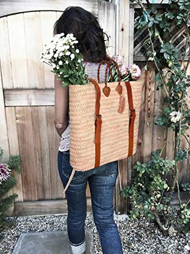 Handmade French Market Backpack Basket with Tan or Brown Leather Handl