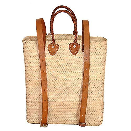 French Market Bag - Handwoven Palm Leaf Bag with Leather Handles and Shoulder Straps