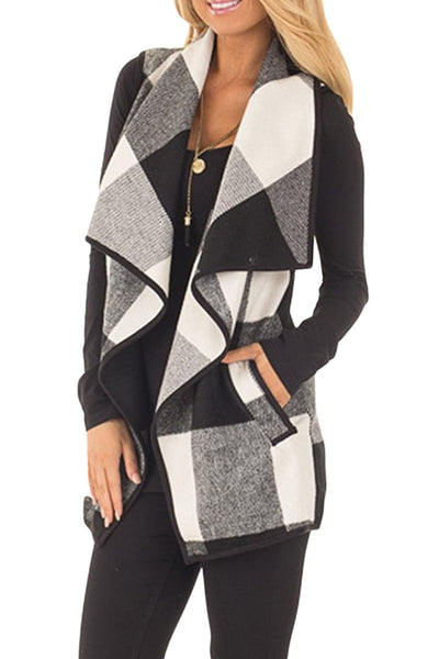 Prairie Waterfall Black and White Buffalo Plaid Cardigan Vest