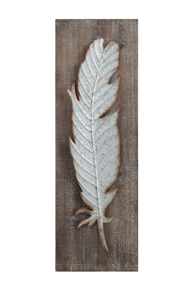 Wood Wall Décor with Distressed Metal Feather by Creative Co-op