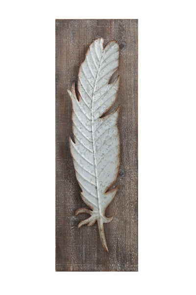 Wood Wall Décor with Distressed Metal Feather by Creative Co-op