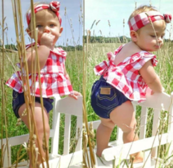 Precious Three Piece Denim Set with Checkered Top for Your Little Cowkid