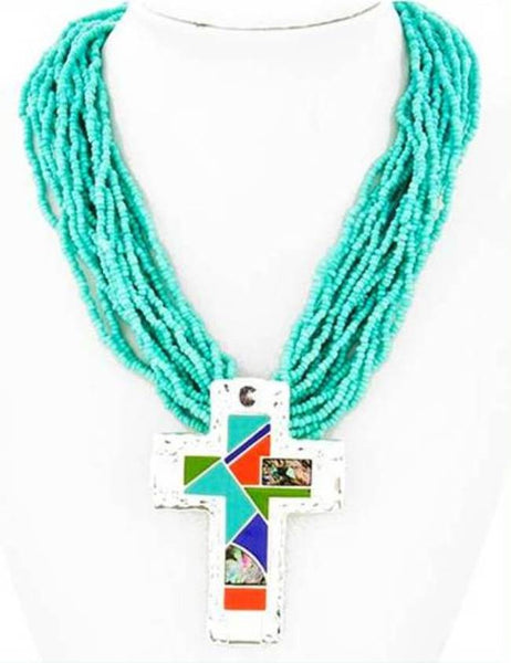 Western Inspired Silver Tone Color Block Cross Necklace - Posh Equestrian