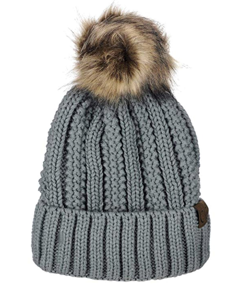 CK Bradley Pom Pom Hat - Mist Faux Fur Cable Mist