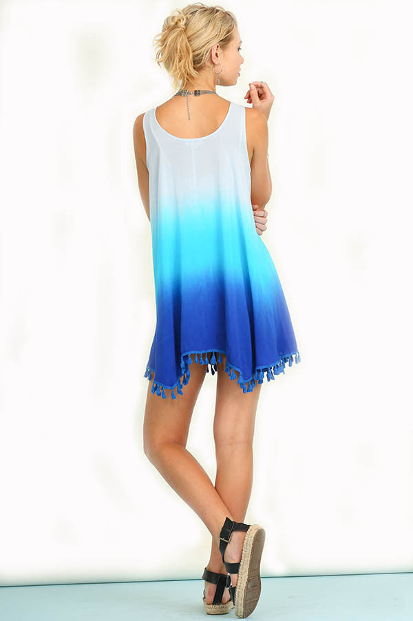 Boho Sleeveless Ombre Dress with Tassel Trim